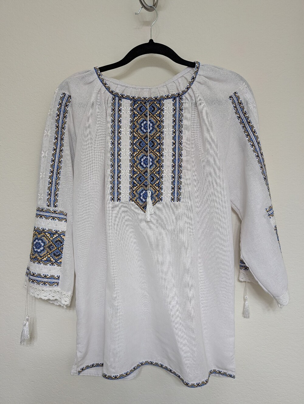 Traditional Ukrainian Vyshyvanka Hand Embroidered White Blue Yellow Small